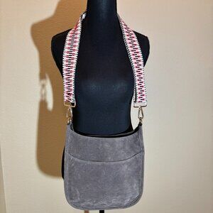 Brown Faux Suede Messenger Hobo Purse with Red Black White Tan Stra